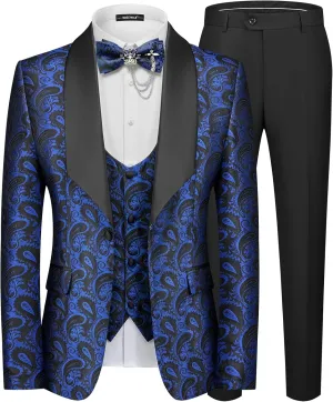 MAGE MALE Mens 3 Piece Floral Tuxedo Suits Slim Fit Paisley Shawl Lapel Suit for Dinner Prom Wedding