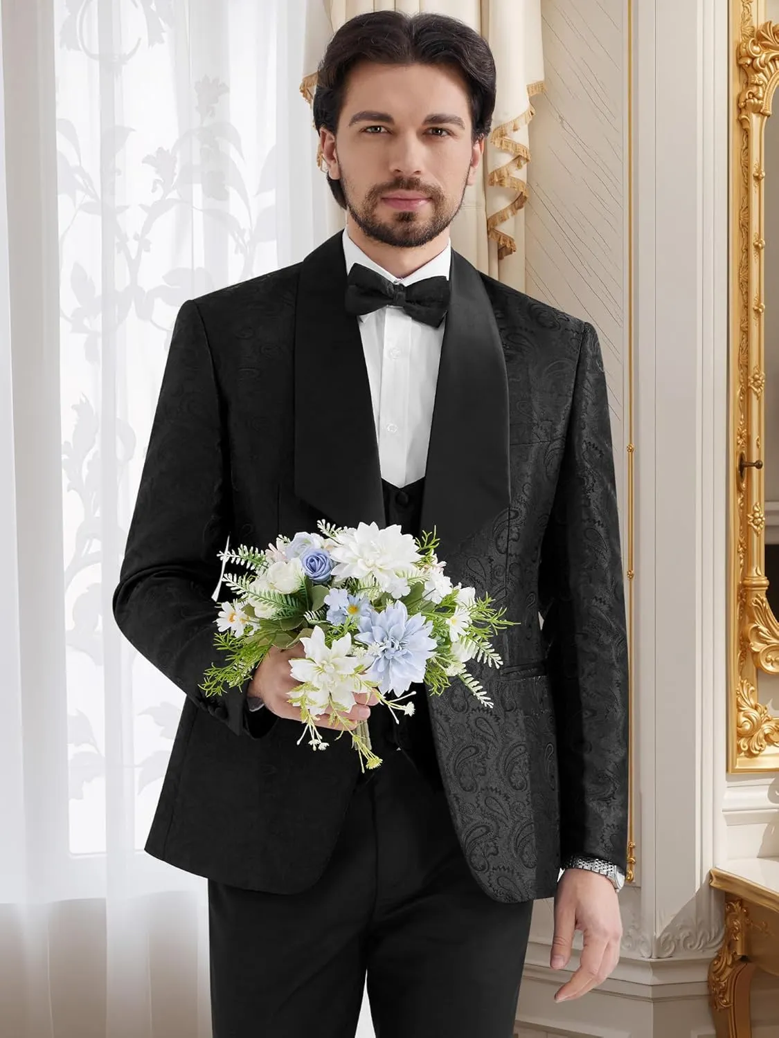 MAGE MALE Mens 3 Piece Floral Tuxedo Suits Slim Fit Paisley Shawl Lapel Suit for Dinner Prom Wedding