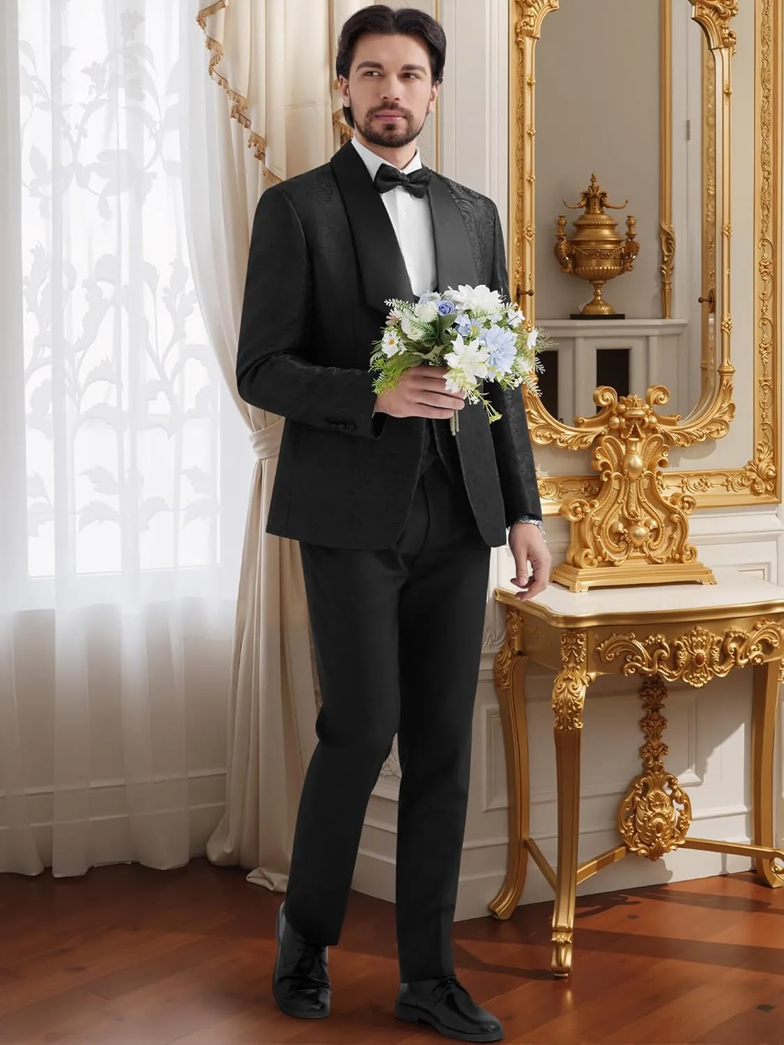 MAGE MALE Mens 3 Piece Floral Tuxedo Suits Slim Fit Paisley Shawl Lapel Suit for Dinner Prom Wedding