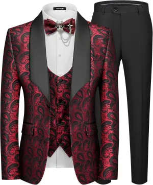 MAGE MALE Mens 3 Piece Floral Tuxedo Suits Slim Fit Paisley Shawl Lapel Suit for Dinner Prom Wedding