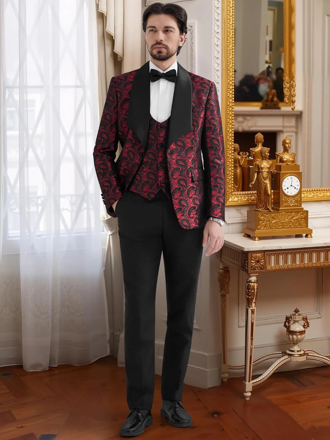 MAGE MALE Mens 3 Piece Floral Tuxedo Suits Slim Fit Paisley Shawl Lapel Suit for Dinner Prom Wedding