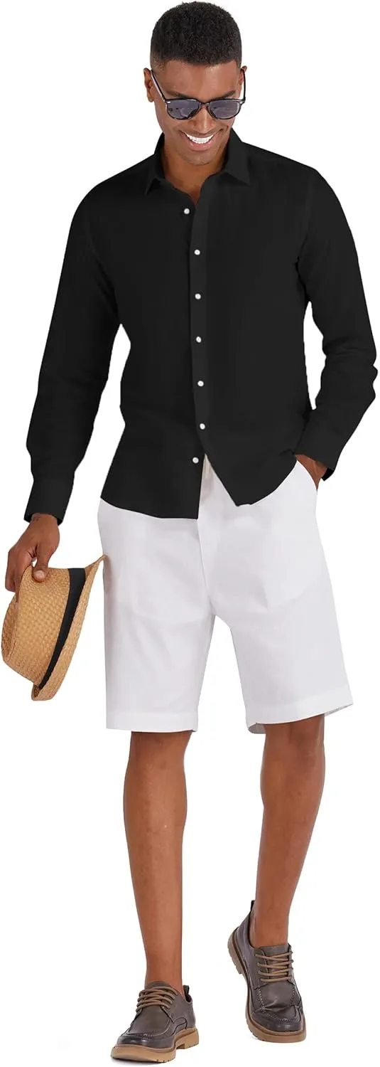 Men's 100% Linen Shirt Long Sleeve Button Down Casual Beach Shirts Plus Size