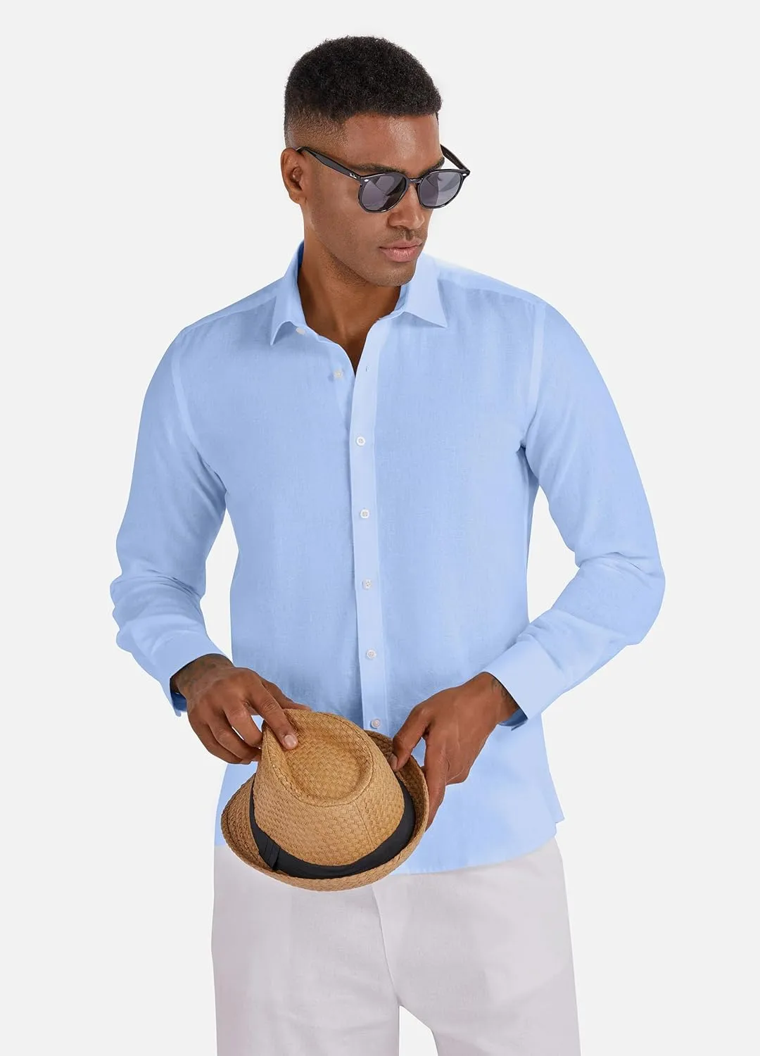 Men's 100% Linen Shirt Long Sleeve Button Down Casual Beach Shirts Plus Size
