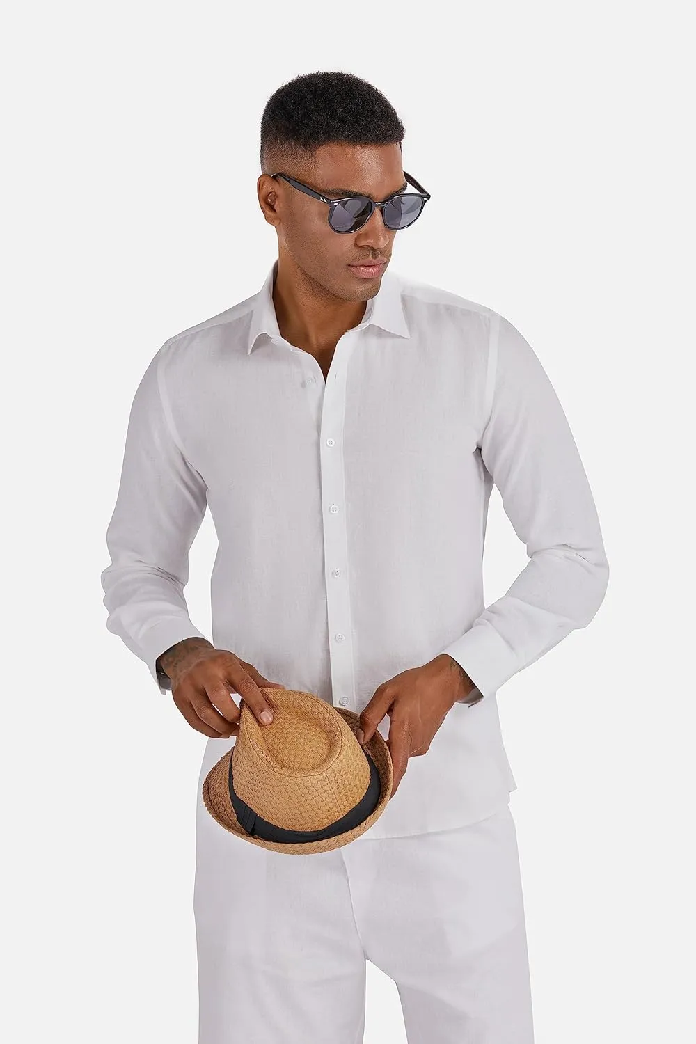 Men's 100% Linen Shirt Long Sleeve Button Down Casual Beach Shirts Plus Size
