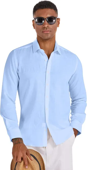 Men's 100% Linen Shirt Long Sleeve Button Down Casual Beach Shirts Plus Size