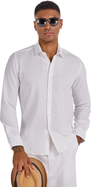 Men's 100% Linen Shirt Long Sleeve Button Down Casual Beach Shirts Plus Size