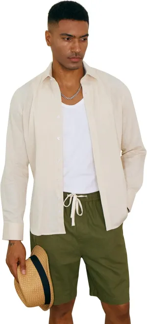 Men's 100% Linen Shirt Long Sleeve Button Down Casual Beach Shirts Plus Size
