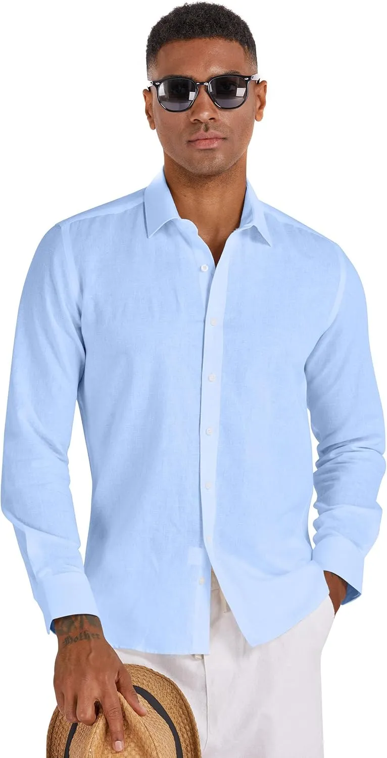 Men's 100% Linen Shirt Long Sleeve Button Down Casual Beach Shirts Plus Size