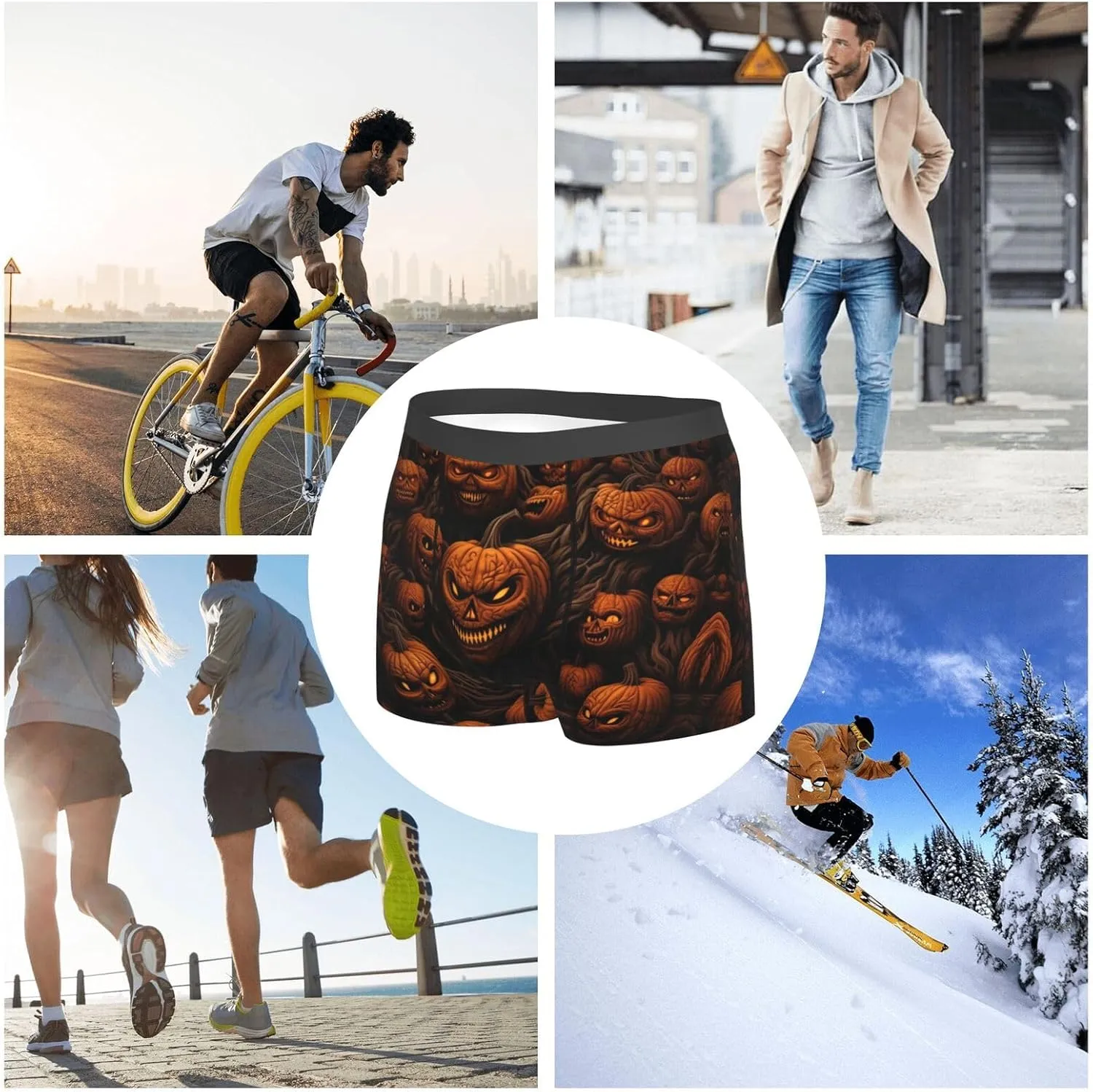 Men'S Boxer Briefs Soft Stretch Underwear Breathable Briefs (Halloween Pumpkin)