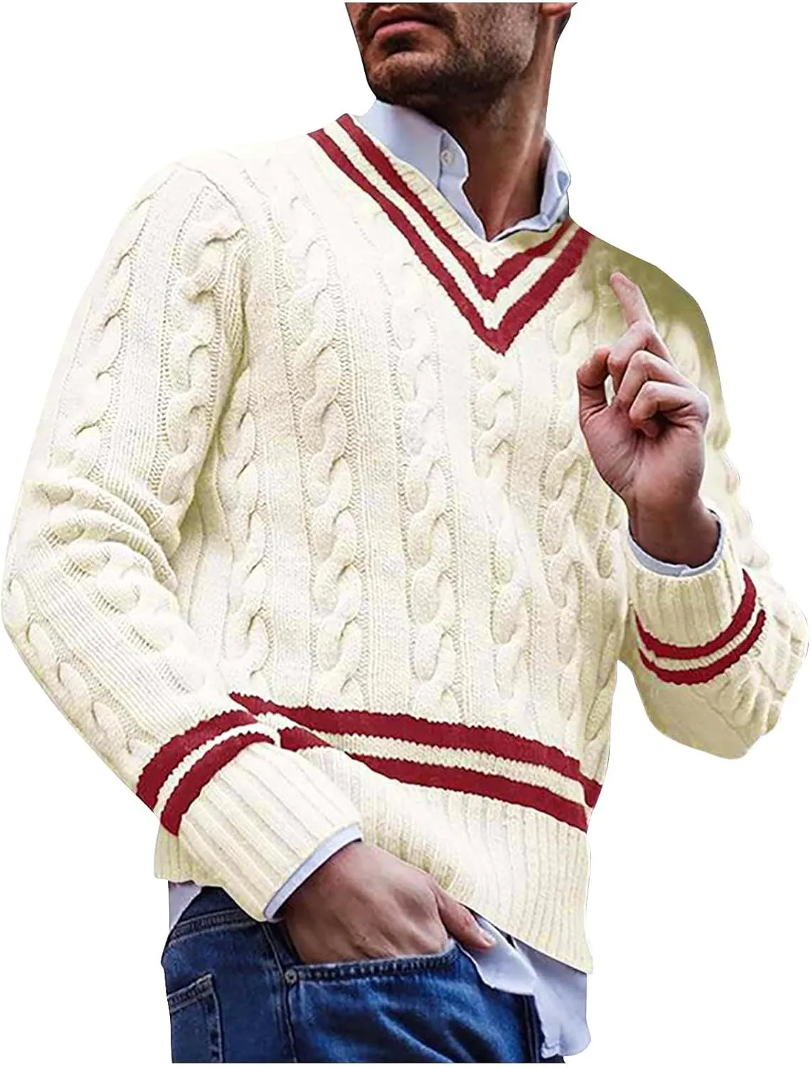 Mens Cable Knit V Neck Sweaters Color Block Pullover Sweater Long Sleeve Twist Sweater Casual Pullover Fashion Tops