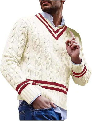 Mens Cable Knit V Neck Sweaters Color Block Pullover Sweater Long Sleeve Twist Sweater Casual Pullover Fashion Tops