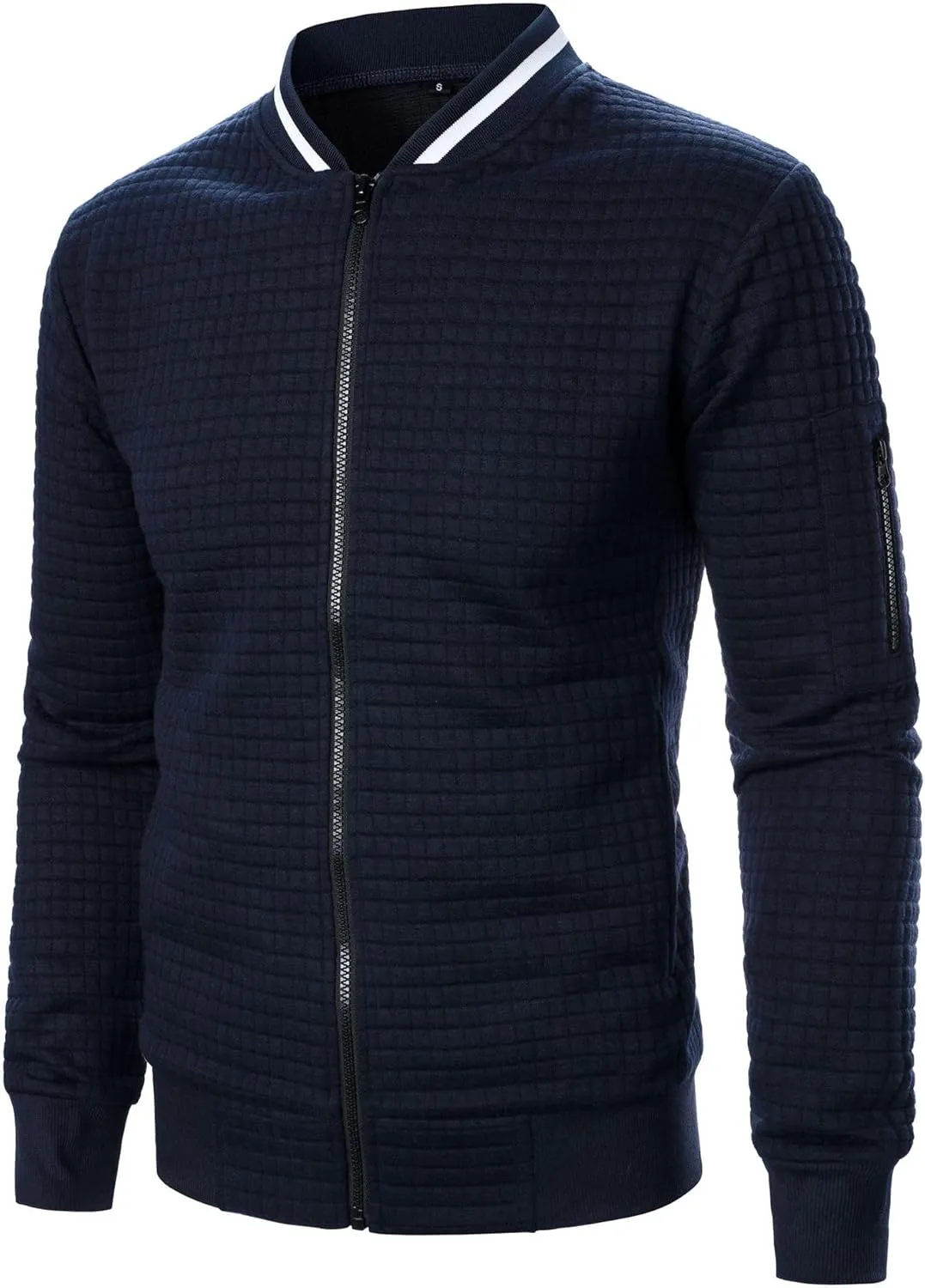 Men's Casual Plaid Cardigan Sweatshirt Stand Collar Casual Full Zip Long Sleeve Sweater Business Slim Fit Coats