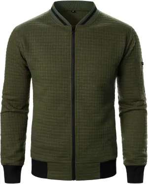Men's Casual Plaid Cardigan Sweatshirt Stand Collar Casual Full Zip Long Sleeve Sweater Business Slim Fit Coats