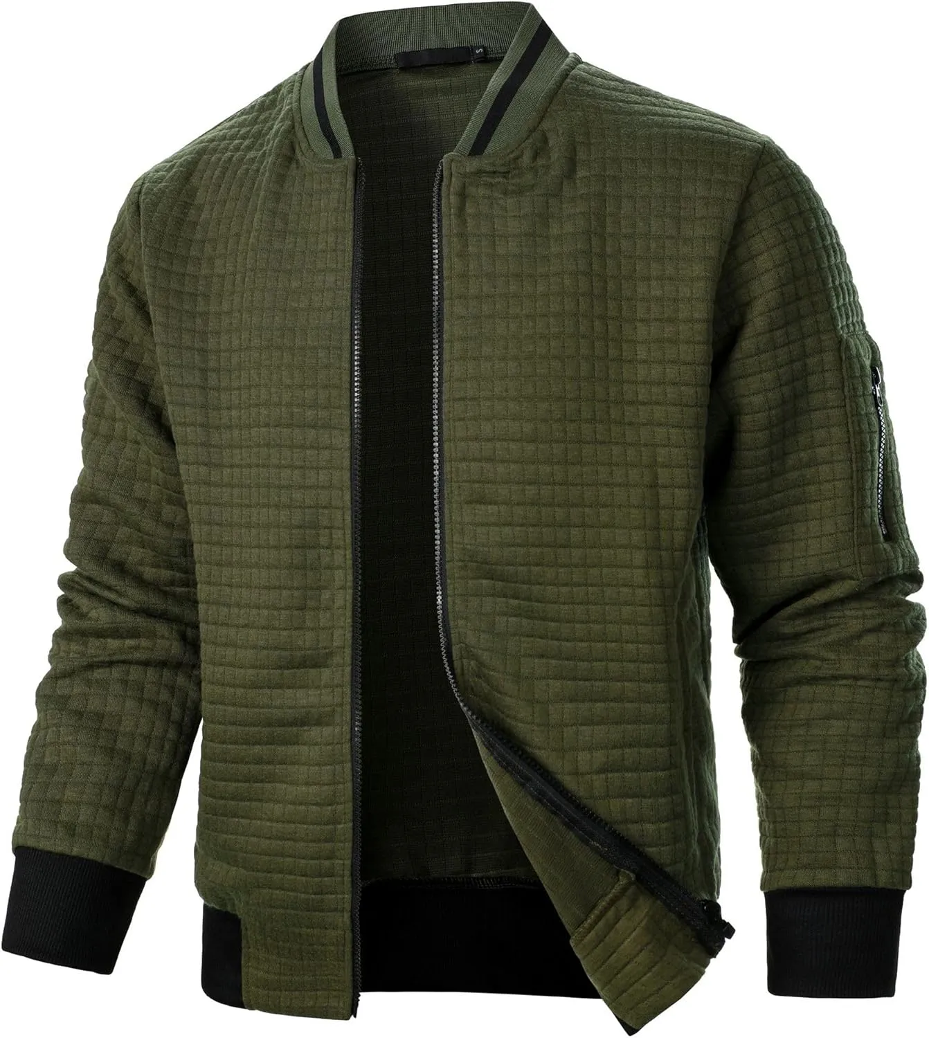 Men's Casual Plaid Cardigan Sweatshirt Stand Collar Casual Full Zip Long Sleeve Sweater Business Slim Fit Coats