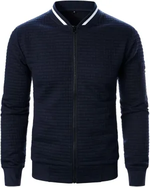 Men's Casual Plaid Cardigan Sweatshirt Stand Collar Casual Full Zip Long Sleeve Sweater Business Slim Fit Coats
