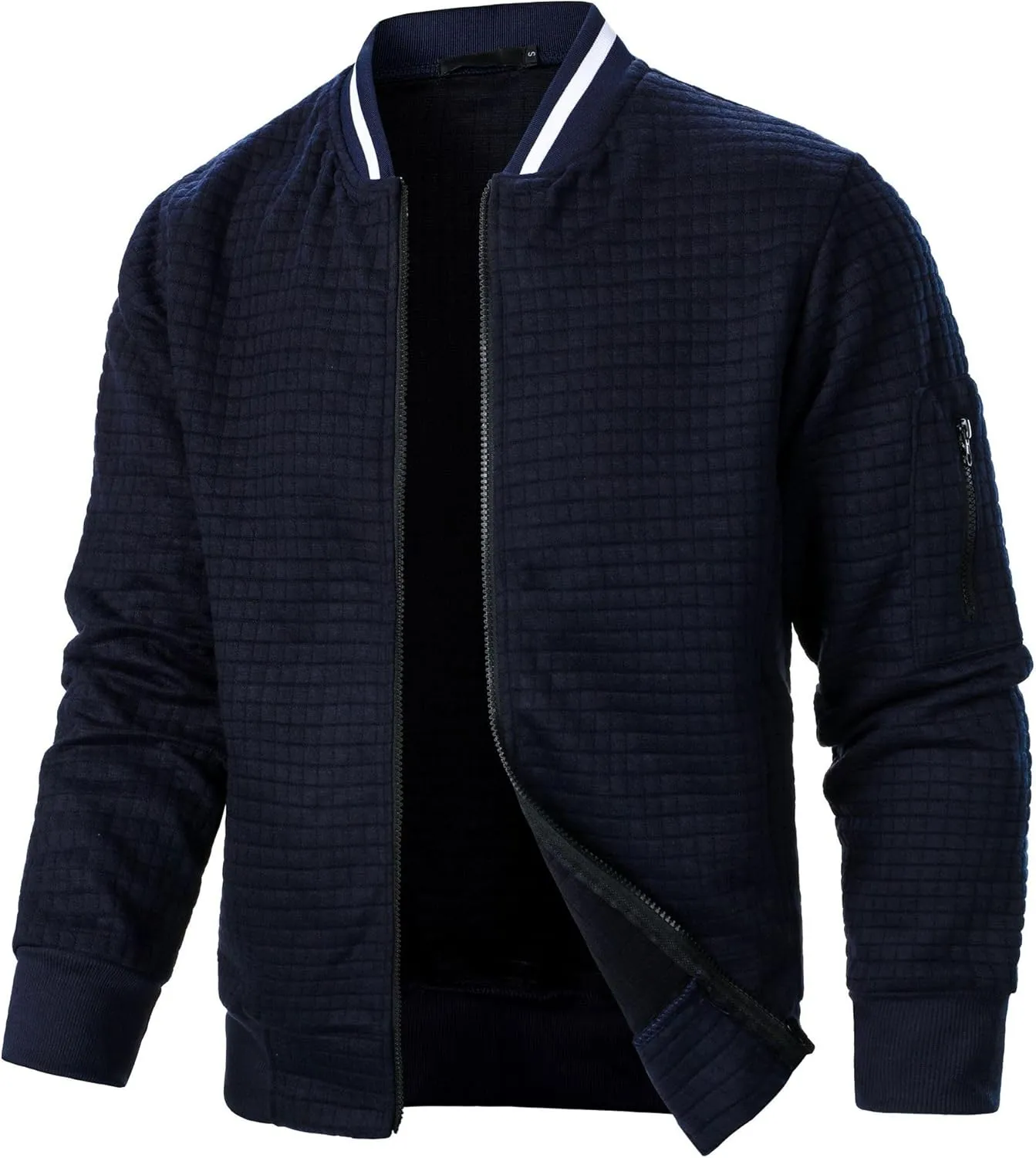 Men's Casual Plaid Cardigan Sweatshirt Stand Collar Casual Full Zip Long Sleeve Sweater Business Slim Fit Coats