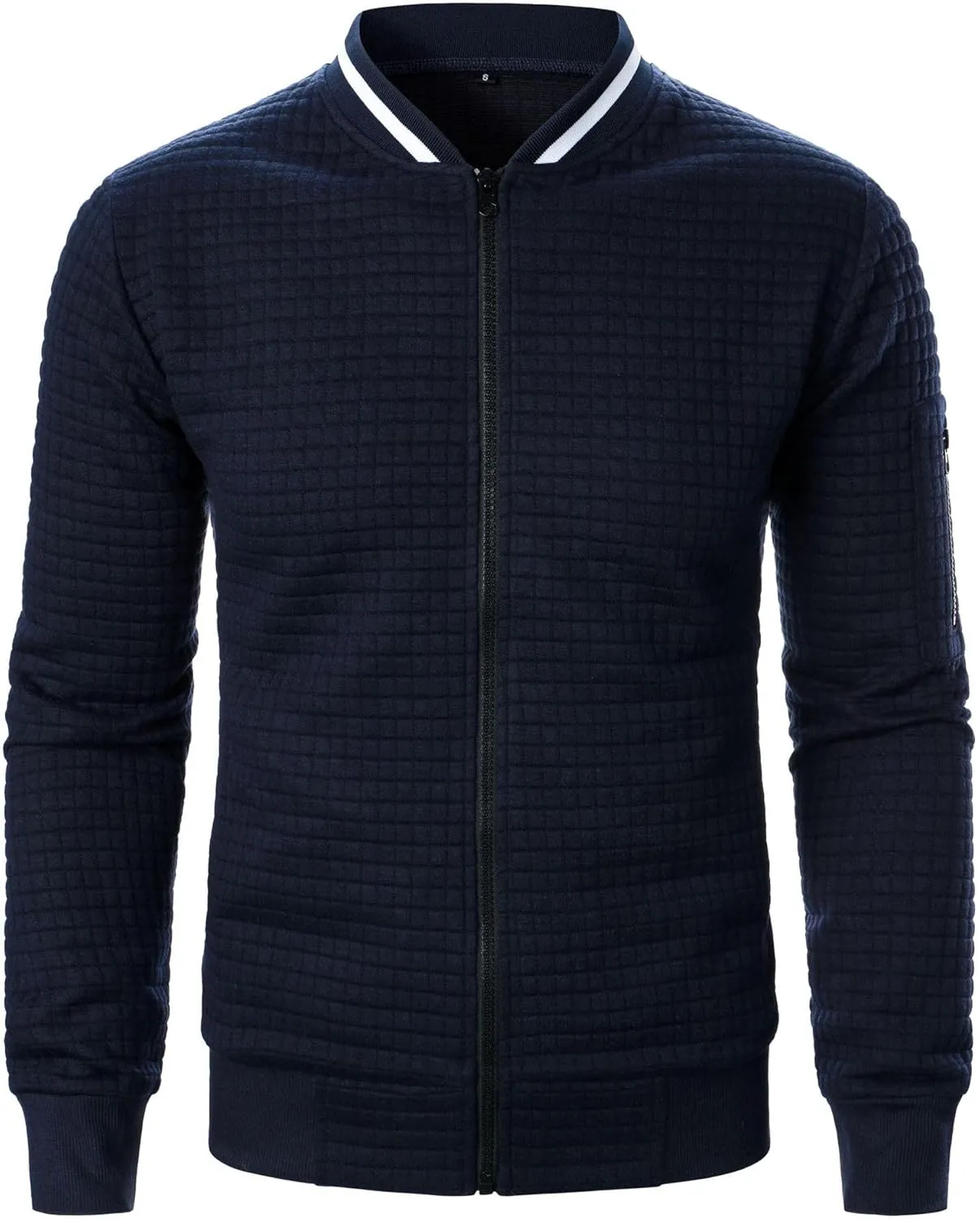 Men's Casual Plaid Cardigan Sweatshirt Stand Collar Casual Full Zip Long Sleeve Sweater Business Slim Fit Coats