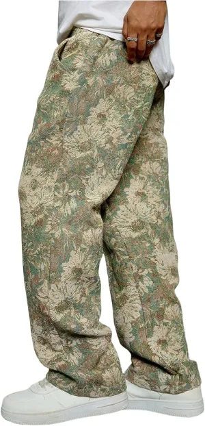 Men's Floral Pants Vintage Boho Pant Hippie Drawstring Waist Vacation Straight Leg Trousers with Pockets Streetwear