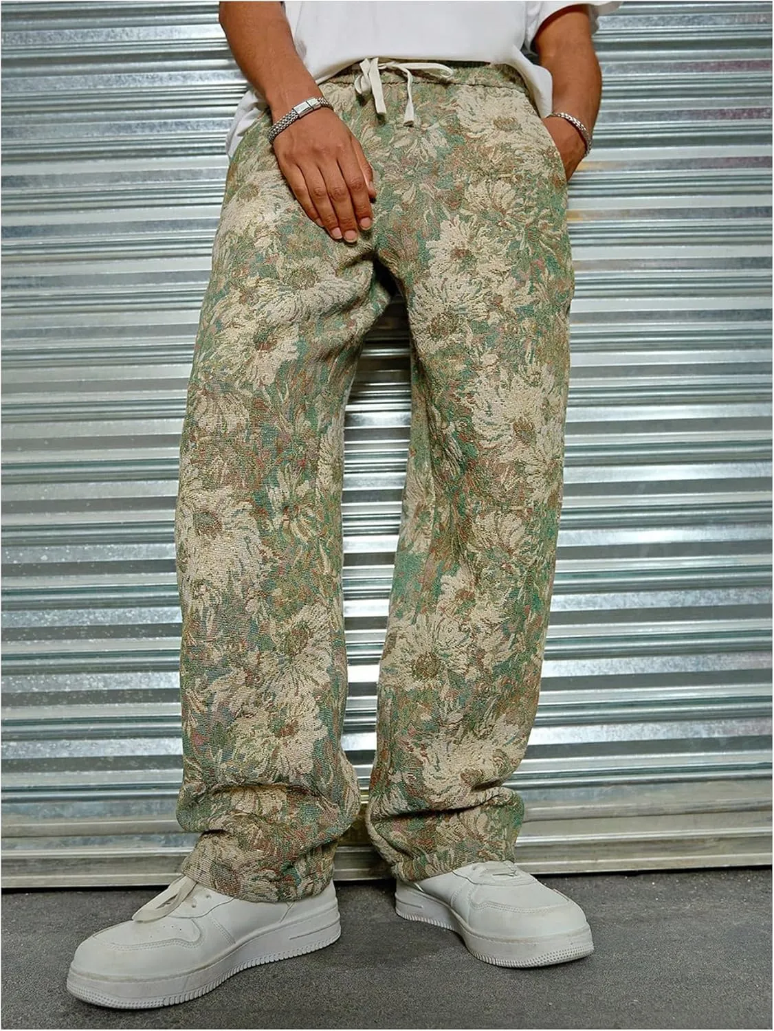Men's Floral Pants Vintage Boho Pant Hippie Drawstring Waist Vacation Straight Leg Trousers with Pockets Streetwear