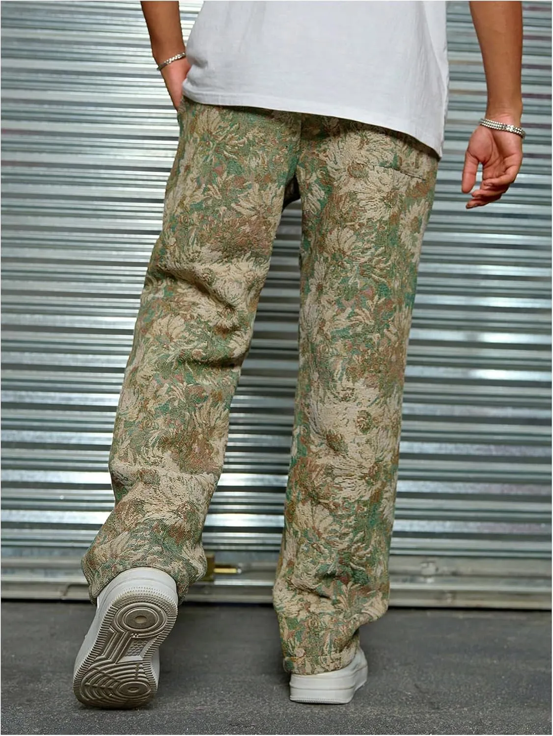 Men's Floral Pants Vintage Boho Pant Hippie Drawstring Waist Vacation Straight Leg Trousers with Pockets Streetwear
