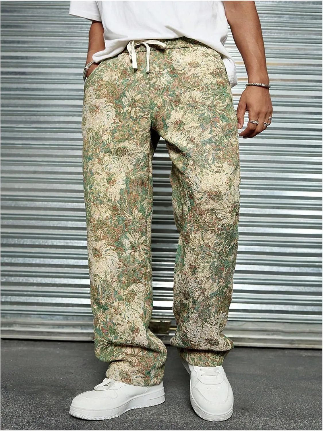 Men's Floral Pants Vintage Boho Pant Hippie Drawstring Waist Vacation Straight Leg Trousers with Pockets Streetwear