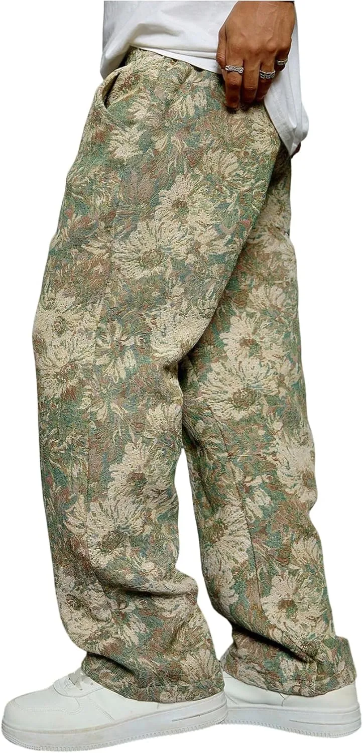 Men's Floral Pants Vintage Boho Pant Hippie Drawstring Waist Vacation Straight Leg Trousers with Pockets Streetwear