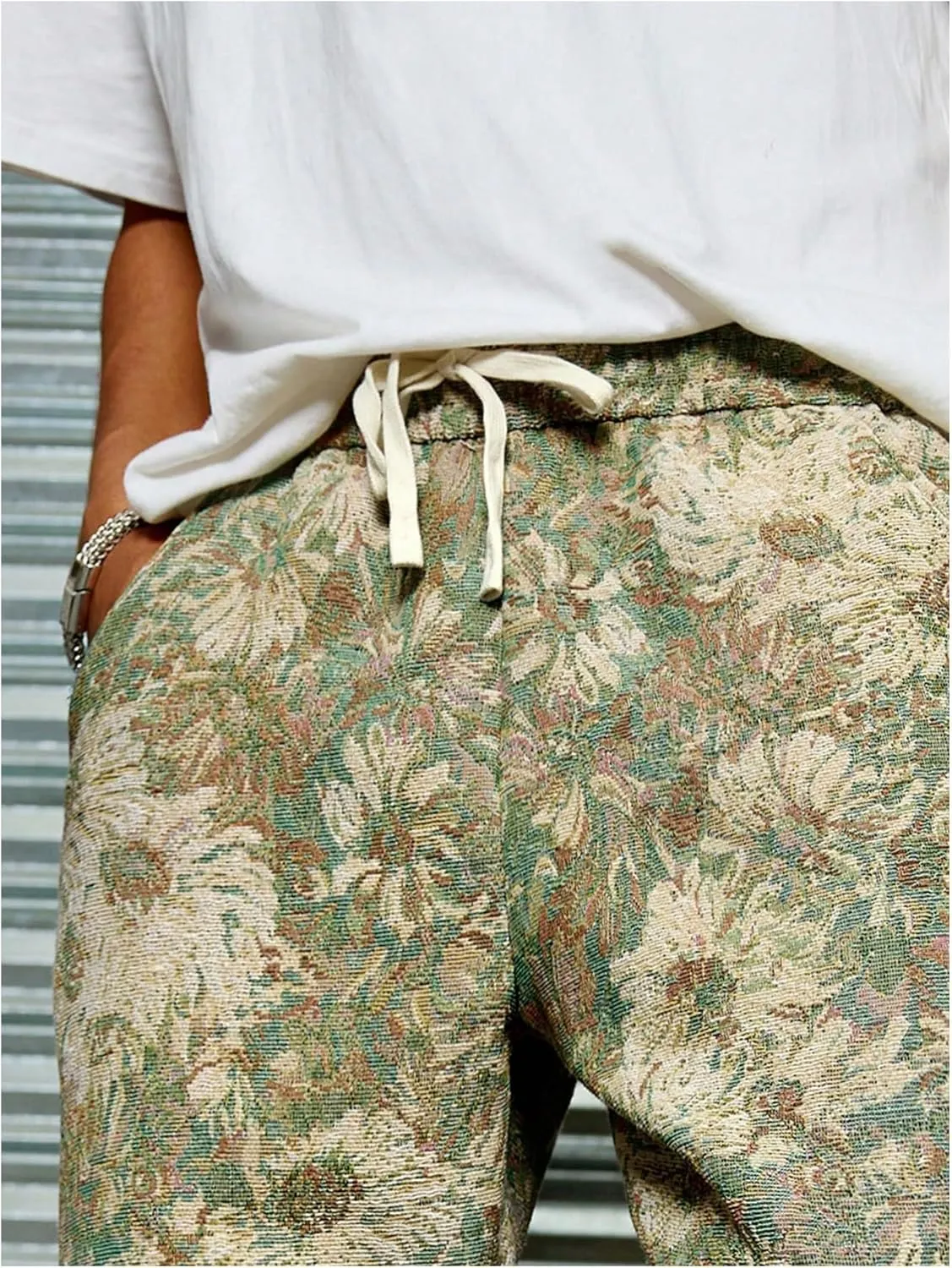 Men's Floral Pants Vintage Boho Pant Hippie Drawstring Waist Vacation Straight Leg Trousers with Pockets Streetwear