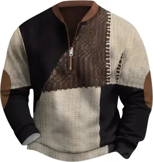 Men's Half Zip Pullover Vintage Long Sleeve Sweatshirt Elbow Patch Sweatshirt Fashion Hoodless Western Top