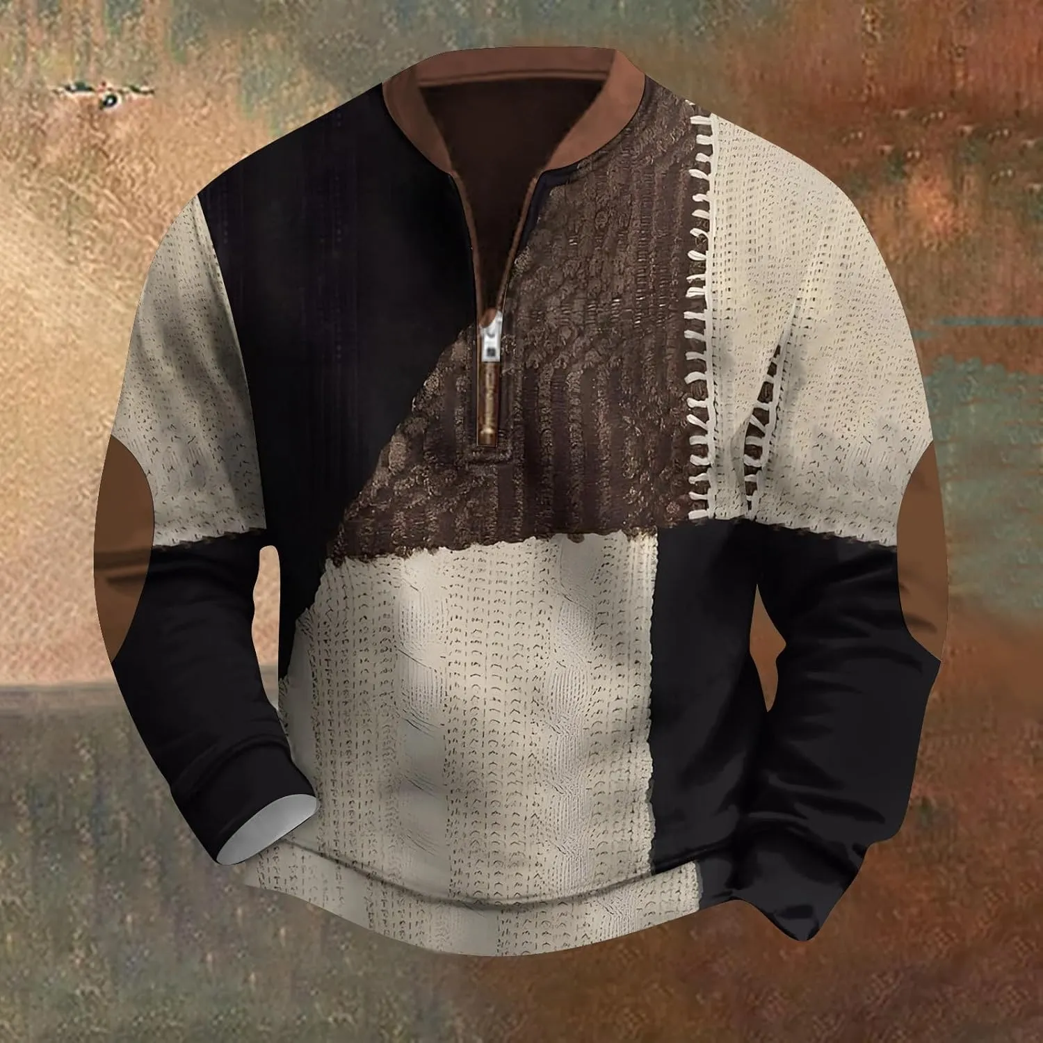 Men's Half Zip Pullover Vintage Long Sleeve Sweatshirt Elbow Patch Sweatshirt Fashion Hoodless Western Top