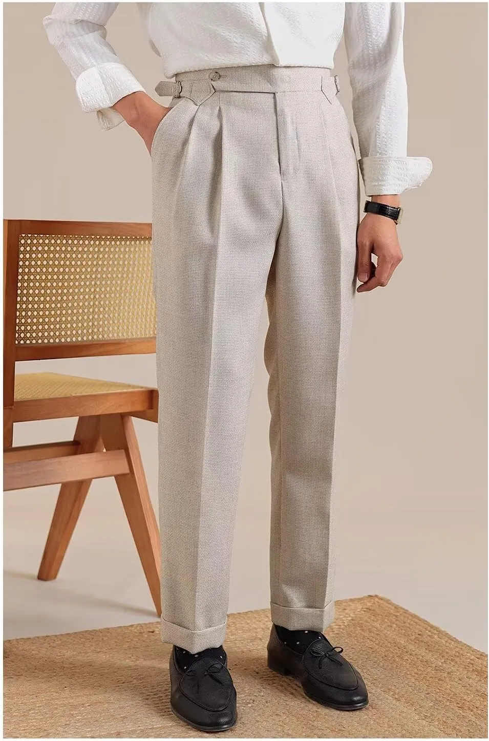 Men's Linen Pants Business Casual Pleated Dress Pants Beach Summer Lightweight Linen Trousers