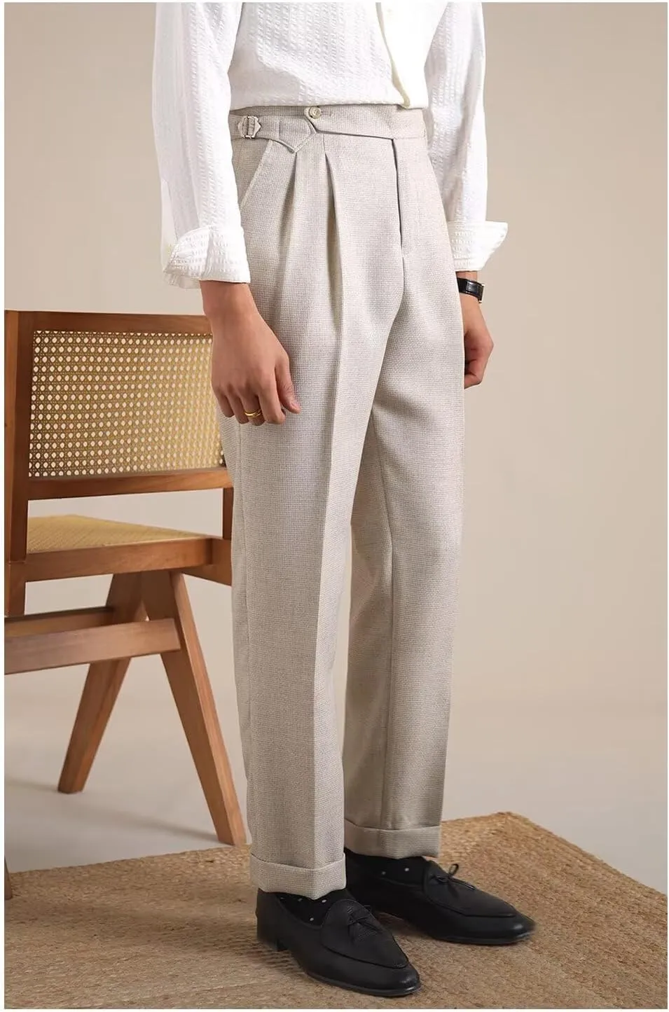 Men's Linen Pants Business Casual Pleated Dress Pants Beach Summer Lightweight Linen Trousers