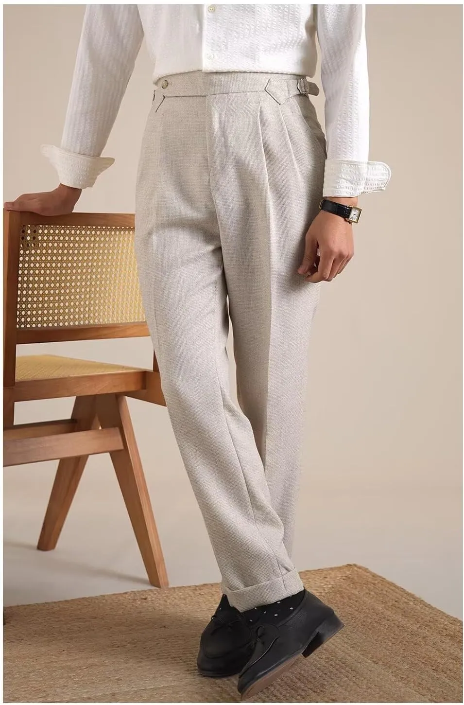 Men's Linen Pants Business Casual Pleated Dress Pants Beach Summer Lightweight Linen Trousers