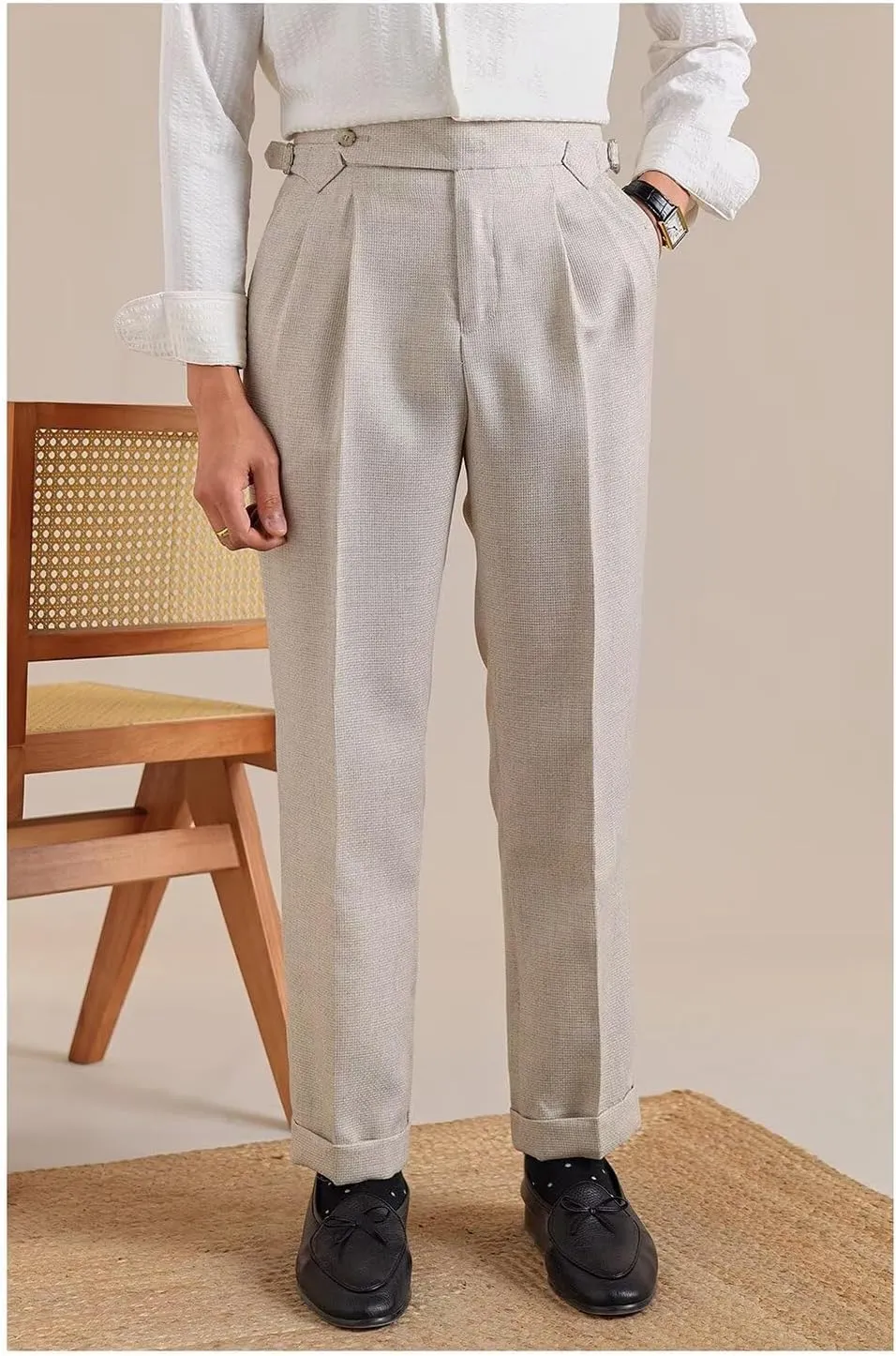 Men's Linen Pants Business Casual Pleated Dress Pants Beach Summer Lightweight Linen Trousers