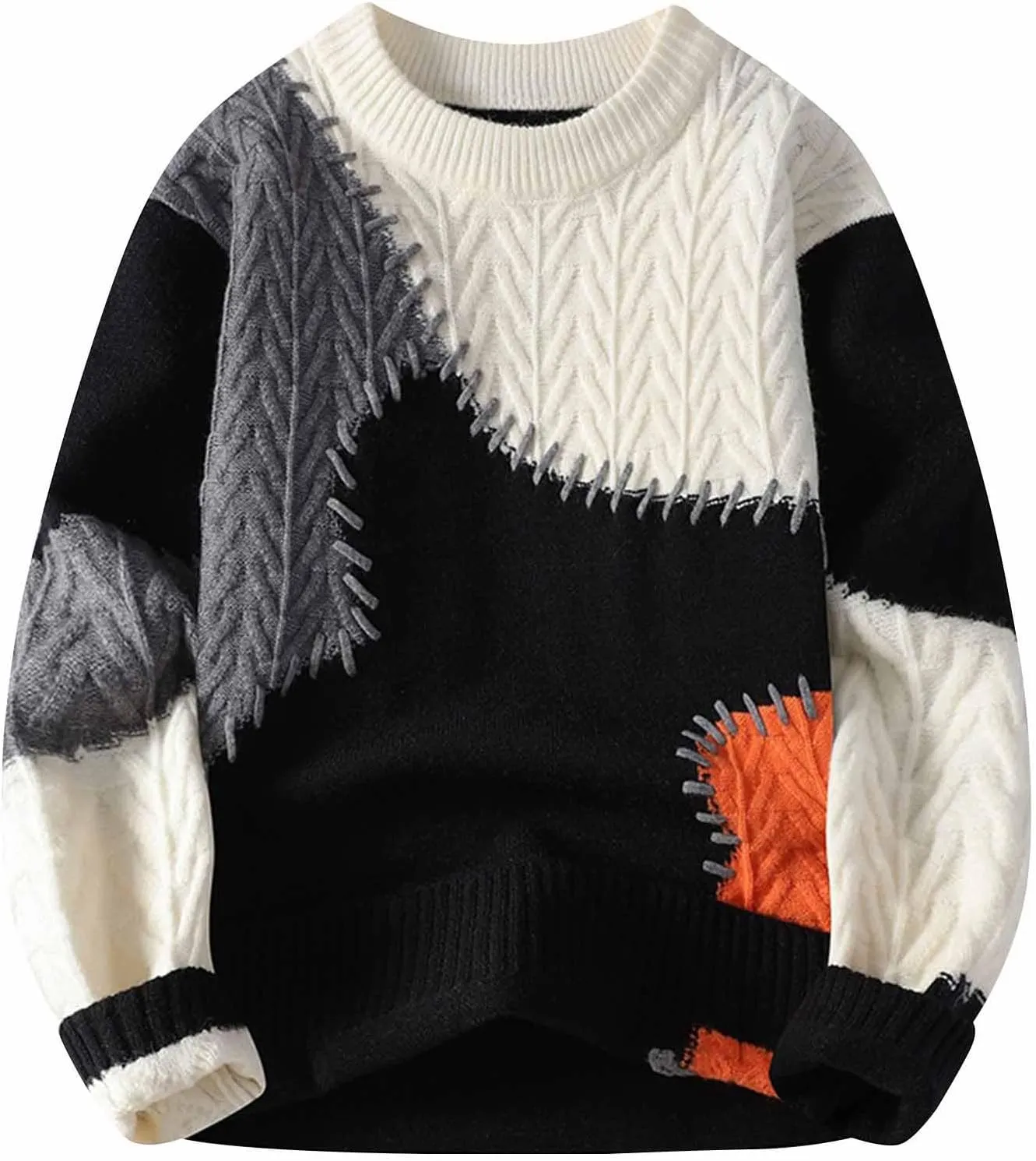 Men's Oversized Color Blocked Knitted Sweater Long Sleeve Crewneck Pullover Casual Jumper Fall Winter Fashion Loose Warm Top