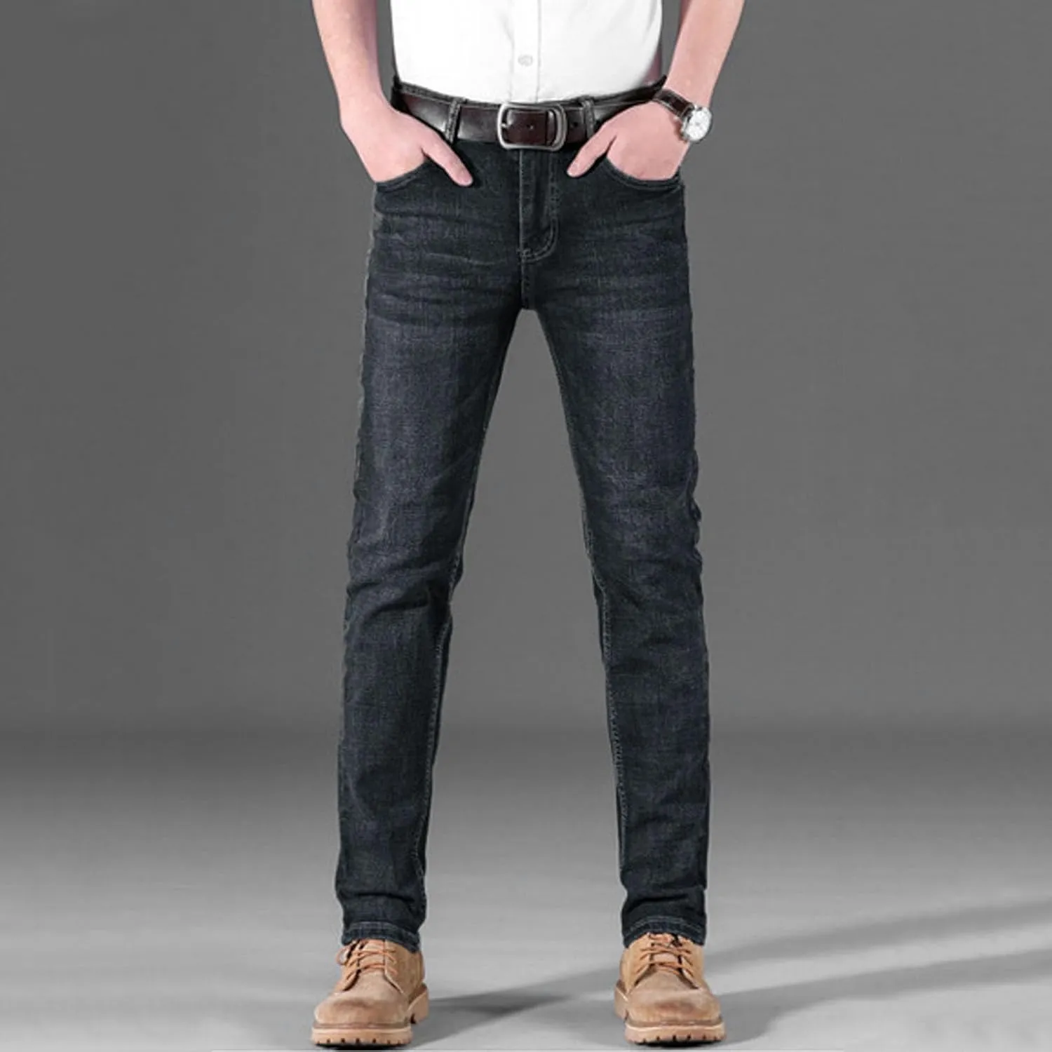 Mens Regular Fit Comfort Flex Waist Jeans 90s Vintage Straight Leg Workwear Denim Pant Trouser with Zipper and Button