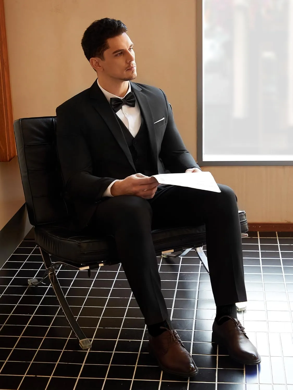 Mens Suit Tuxedo Set Slim Fit Suits 3 Piece One Button Prom Wedding Blazer Vest Pants with Bow Tie