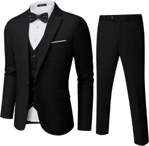 Mens Suit Tuxedo Set Slim Fit Suits 3 Piece One Button Prom Wedding Blazer Vest Pants with Bow Tie