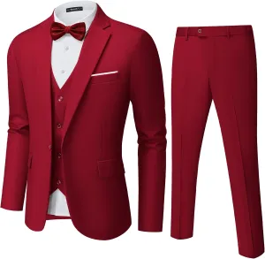 Mens Suit Tuxedo Set Slim Fit Suits 3 Piece One Button Prom Wedding Blazer Vest Pants with Bow Tie