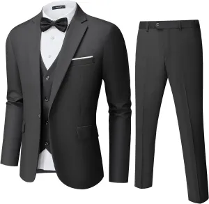 Mens Suit Tuxedo Set Slim Fit Suits 3 Piece One Button Prom Wedding Blazer Vest Pants with Bow Tie