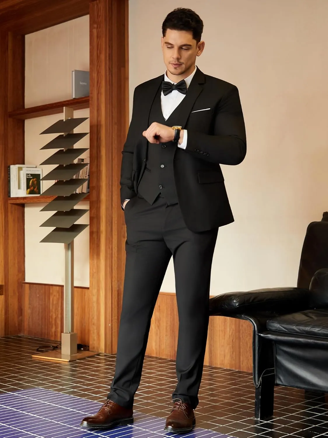 Mens Suit Tuxedo Set Slim Fit Suits 3 Piece One Button Prom Wedding Blazer Vest Pants with Bow Tie