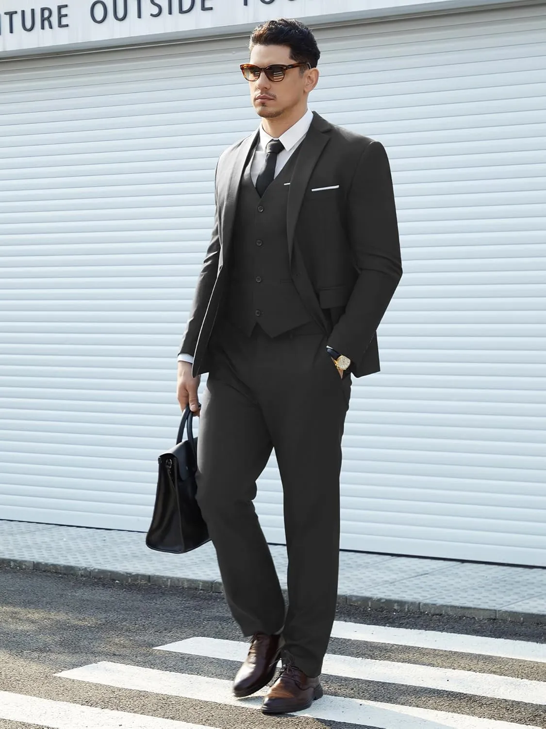Mens Suit Tuxedo Set Slim Fit Suits 3 Piece One Button Prom Wedding Blazer Vest Pants with Bow Tie