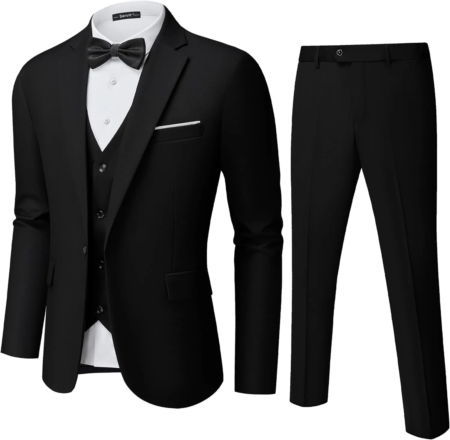Mens Suit Tuxedo Set Slim Fit Suits 3 Piece One Button Prom Wedding Blazer Vest Pants with Bow Tie
