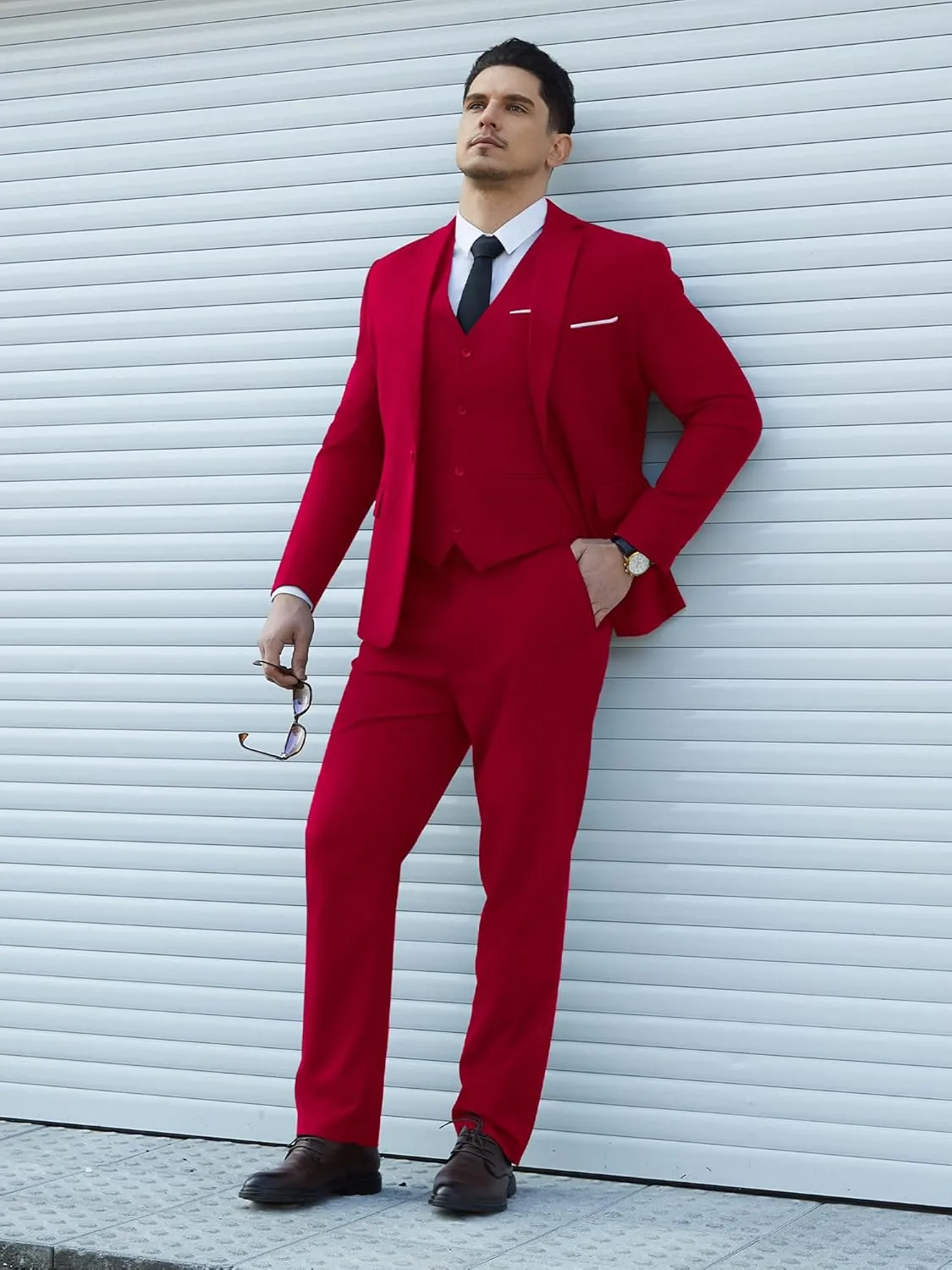 Mens Suit Tuxedo Set Slim Fit Suits 3 Piece One Button Prom Wedding Blazer Vest Pants with Bow Tie