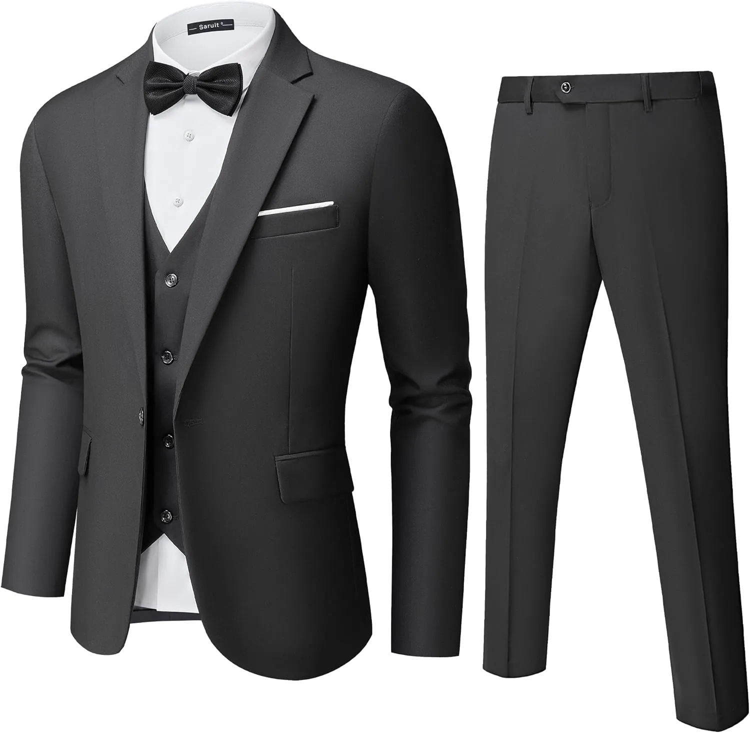 Mens Suit Tuxedo Set Slim Fit Suits 3 Piece One Button Prom Wedding Blazer Vest Pants with Bow Tie
