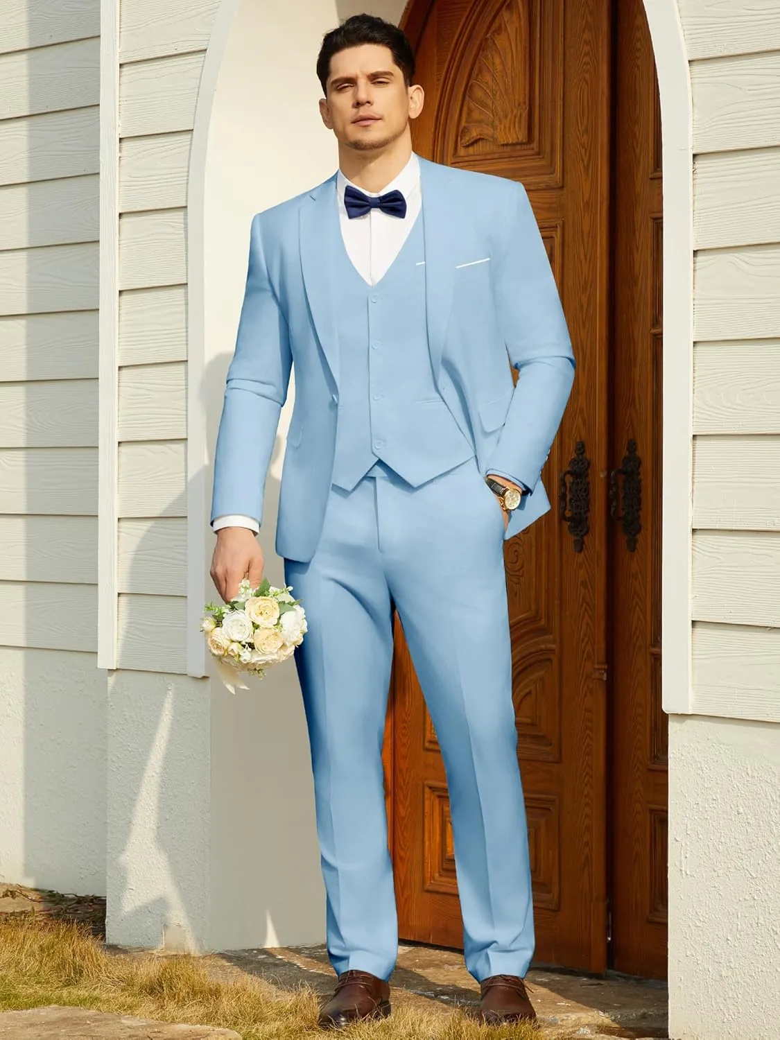 Mens Suit Tuxedo Set Slim Fit Suits 3 Piece One Button Prom Wedding Blazer Vest Pants with Bow Tie