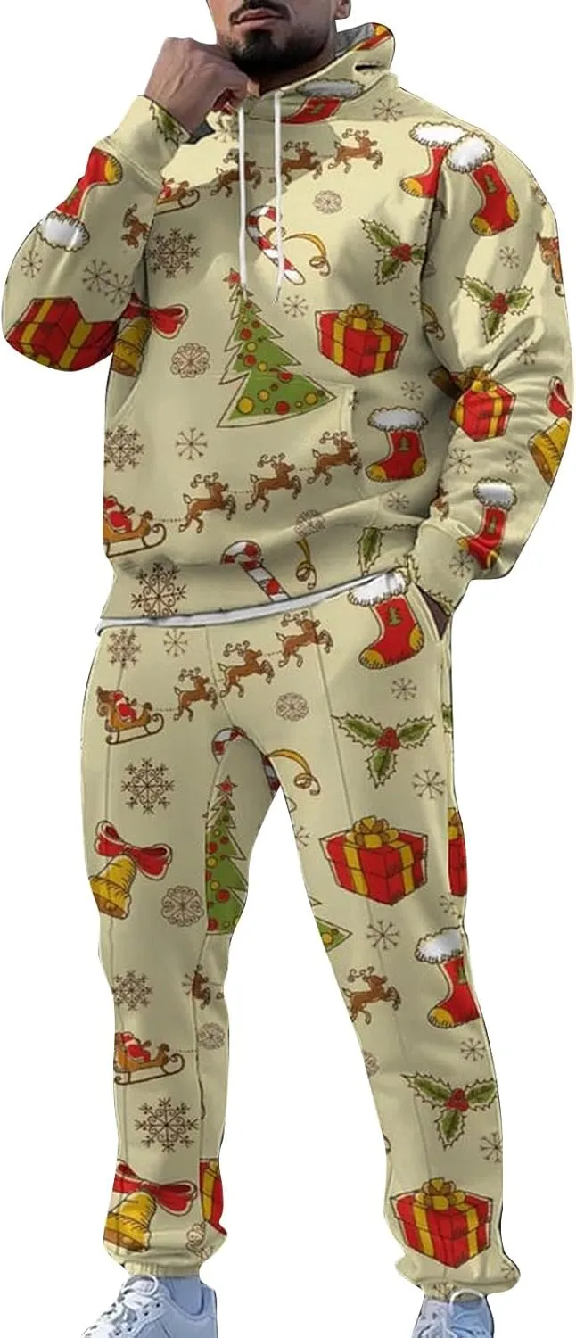 Men's Track Suits 2 Piece Set Active Christmas Drawstring Hooded Long Sleeved Athletic Running 2 Piece Sweatsuits