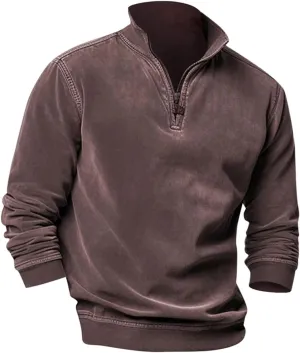 Men's Zip Collar Sweater Activewear Solid Vintage Jackets Long Sleeve Comfort Warm Sweatshirts with Elbow Patches