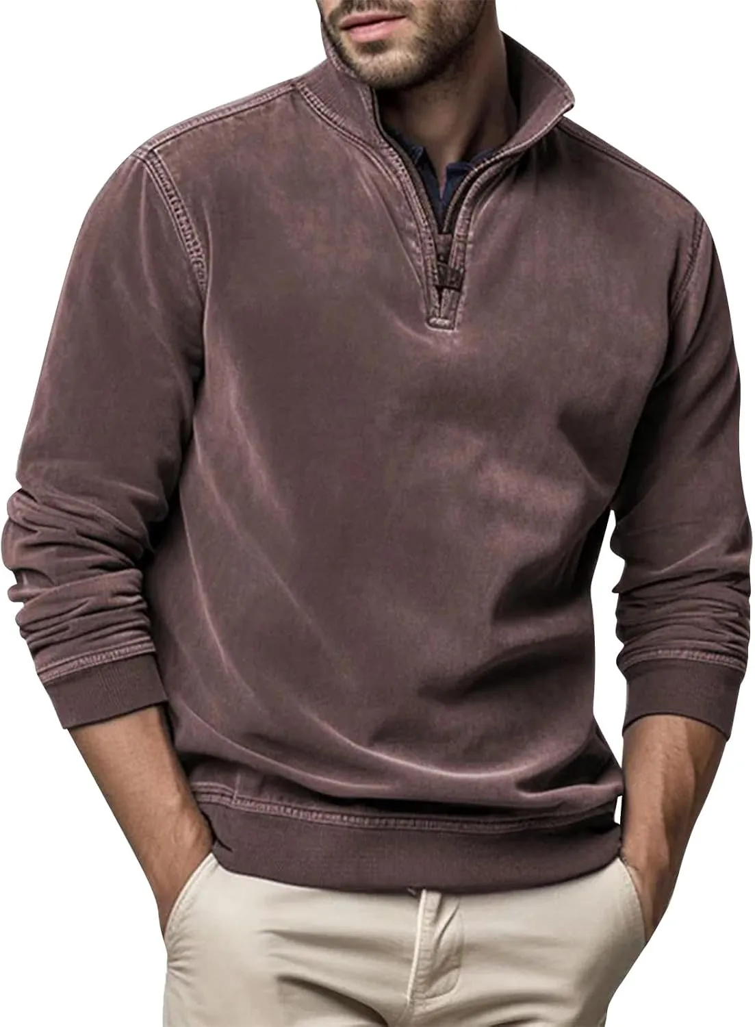 Men's Zip Collar Sweater Activewear Solid Vintage Jackets Long Sleeve Comfort Warm Sweatshirts with Elbow Patches
