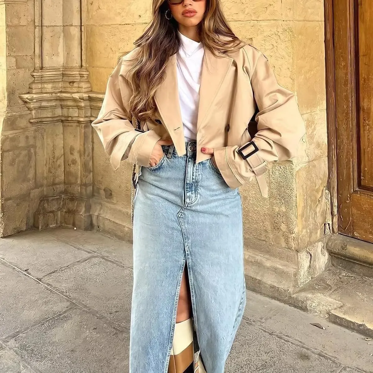 MOLERFO Cropped Trench Coat Women Fall Coats 2024 Oversized Crop Jackets Y2k Trendy