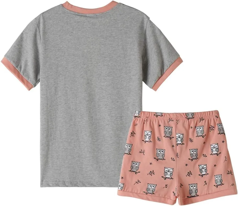 MyFav Big Girls Summer Pajama Set Heart Shape Printed Cute Sleepwear Shorts